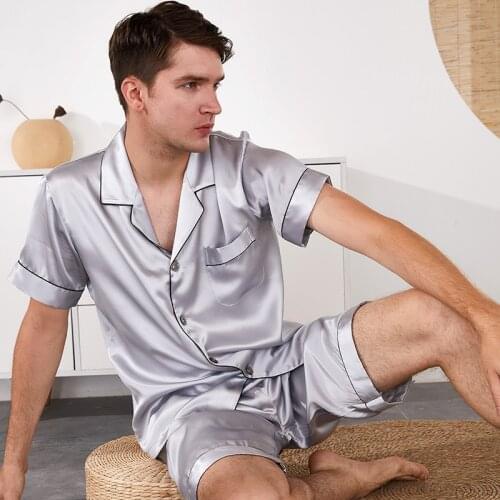 100% Mulberry Silk Pajamas Summer Autumn Spring Pajamas Gray Red Blue Men Male Short Pants Short-sleeved Two-piece Suit