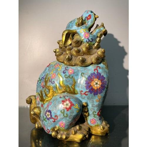 13"Chinese temple collection Old Bronze Cloisonne Enamel Kirin Wangtianhou incense burner Ornaments Town House Exorcism