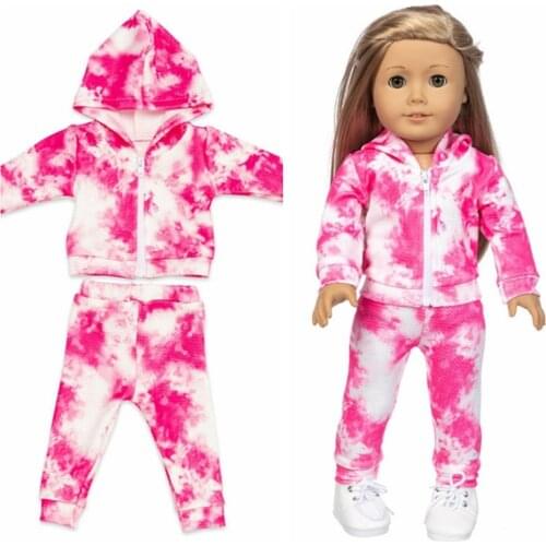 18 Inch Girl Doll Tie Dye Red Blue Hoodie Coat +Pants Suit Baby Doll Clothes Jacket Toys Doll Outfits Accessories