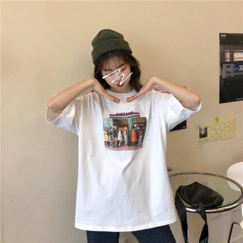 2021 Short-sleeved T-shirt Female Retro Printing Simple Casual Super Hot Korean Style Loose White Student Oversize TOPS Clothes