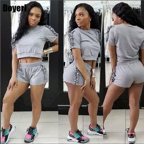 2020 Grey Tracksuit Women Two Piece Set Summer Crop Top Shorts Set Ruffle Leisure Sweat Suits T Shirt Shorts Suit Womens Set
