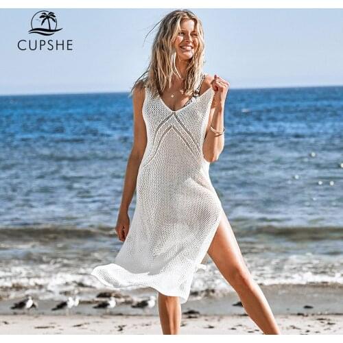 CUPSHE Ivory V-neck Hollow out Cover Up Woman Swimsuit Sexy Side Split Sleeveless Beach Midi Dress 2021 Summer Dress Beachwear