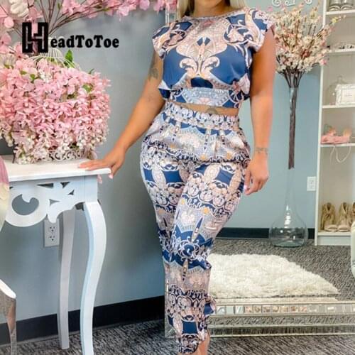 Geometric Colorblock Print Casual Two Piece Set Women Short Sleeve Round Neck Navel Slim 2 Piece Set Women