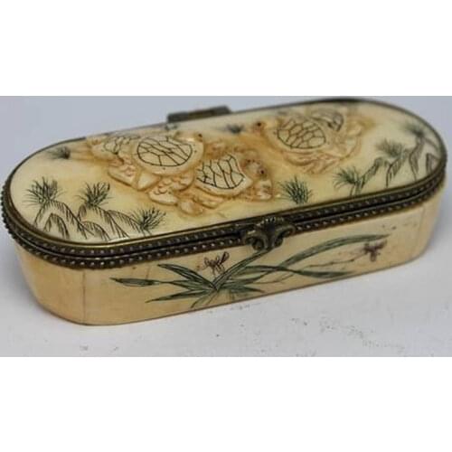 CHINESE HAND CARVING TORTOISE OLD Bovine bone BOX Free shipping