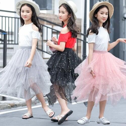 Beautiful Irregular Long Tulle Skirts Mother Daughter Korean Tiered Skirt High Waist Pleated Maxi Skirt School Star Skirts Girls