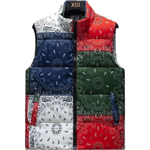 2022 Mens Autumn Winter Down Cotton Padded Vest Fashion Print Warm Hood Waistcoat Zipper Sleeveless Winter Jacket