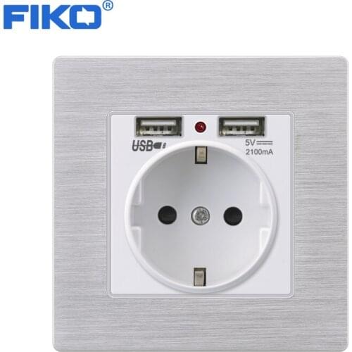 FIKO Wall Double USB One Socket Ground USB Charging Port 5V 2A Wall Charger Adapter EU Socket With USB Power Socket Silver