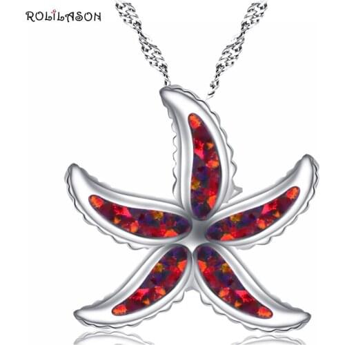 ROLILASON New arrival Lovely Romantic starfish Orange fire opal for lady silver color Necklace Pendant Fashion Jewelry OP777