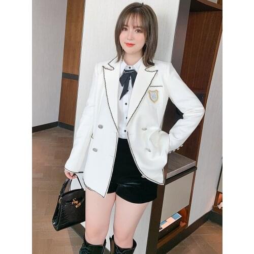 Contrast edging double breasted symmetrical pocket medium length suit jacket for women 2021 spring new High Quality