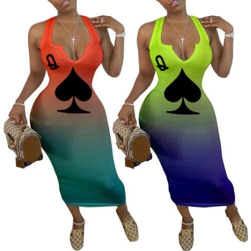 Echoine Womens Fashion Poker Printed Gradient Dress Elegant Ladies Vestido De Mujer Graceful Female Clothing Mid-Calf Slim Robe
