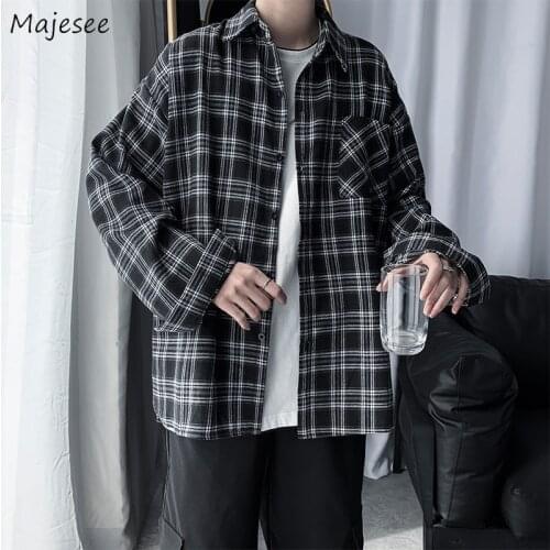 Plaid Long Sleeve Shirts Men Vintage Simple Loose Ins Fashion Male Ulzzang Chic Pockets Oversize Young Style Students Outerwear
