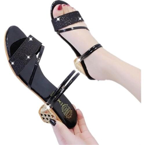 Women sandals Sequined Cloth Slip On 6CM Thick heel High heels Round Toe Rhinestones Bling Shallow women sandals size 35-42