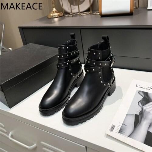Autumn New Women Black Rivet Buckle Nude Boots Ladies Square Heel Zipper Lace- Up Genuine Leather Casual Shoes Woman Mujer 2021