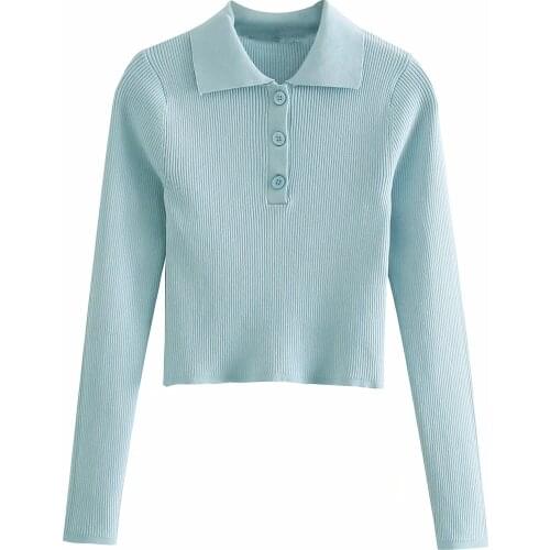 ZA Women New Spring Autumn Knitted Butto Decorati Knit Sweater Coat Retro Polo Lapel Slim Knitted Short TopsXITIMEAO