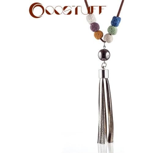 Bohemia Jewelry Lava Stone Beads Long Necklace for Women Tassel necklaces & pendants Nature Stone suspension jewellery 2021 New