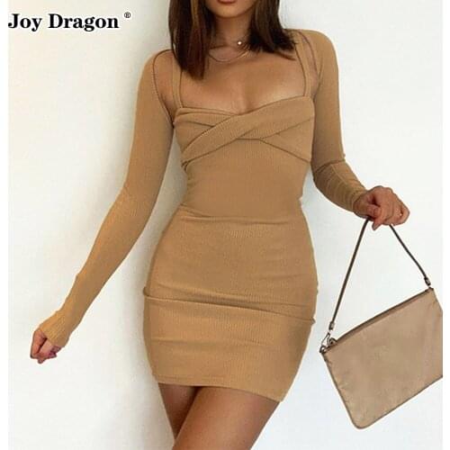 2021 Elegant Women Long Sleeve Sexy Mini Dress Autumn Winter Casual Knitted Slip Party Bodycon Dresses Suit Female Clothing