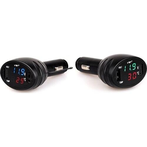 3 In 1 Digital Led Voltmeter Thermometer Monitor Dual Usb Car Charger 12V/24V Temperature Meter Voltmeter Phone Charger
