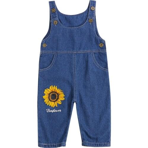 Baby Romper Sunflower Print U-Neck Sleeveless Jumpsuit Overall Pants for Kids, Blue, 6-24 Months