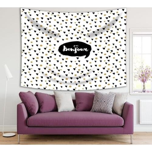 Tapestry Bonjour Creative Fashion Glamour Calligraphic Style Art with Hearts Dots Hello in French