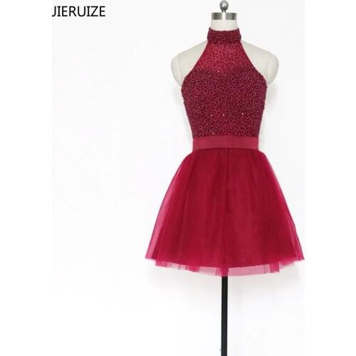 JIERUIZE Short Prom Dresses Pearls Burgundy Prom Dresses Backless Short Cocktail Party Dresses