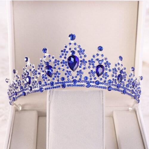 FORSEVEN Gold Blue Rhinestone Crystal Bridal Tiaras and Crown Noiva Headpiece Women Girl Birthday Diadem Wedding Hair Jewelry