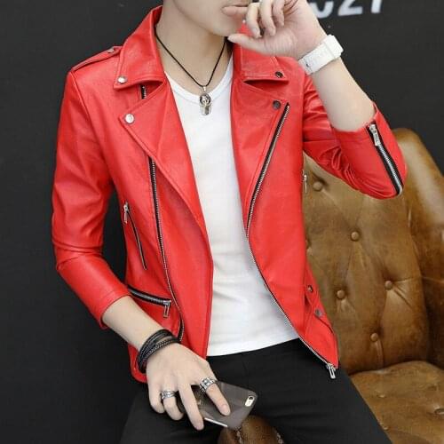 2021 Mens Leather Jackets Men Spell color lapel Collar Coats Male Motorcycle Leather Jacket Short belt jacket Slim Clothing