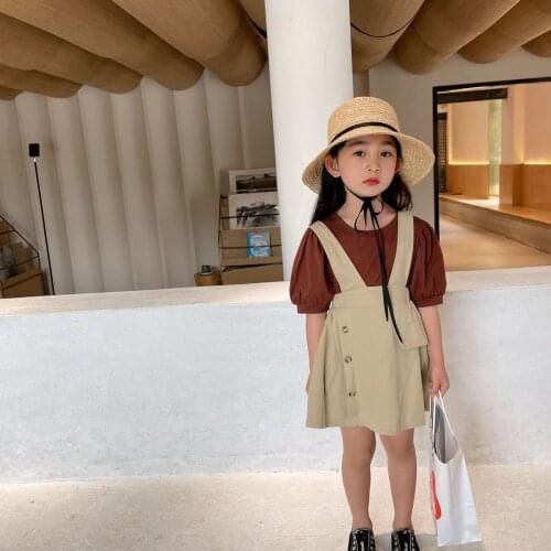 Summer New Kids Clothing Sets 2-8 Years Baby Girls Strap Dress Suit Puff Sleeve T Shirts Strap Dress 2pcs Set For Girl Children