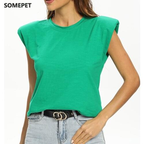 Summer Women Tank Top 2021 padded shoulder O Neck Sleeveless Tee Shirt Loose Ruched Streetwear Vest for Female Fashion Clothing