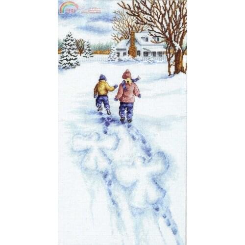 Lovely Counted Cross Stitch Kit Snow Angels Two Kids Skating Skate Play on Snow Winter Go Home dim 13717
