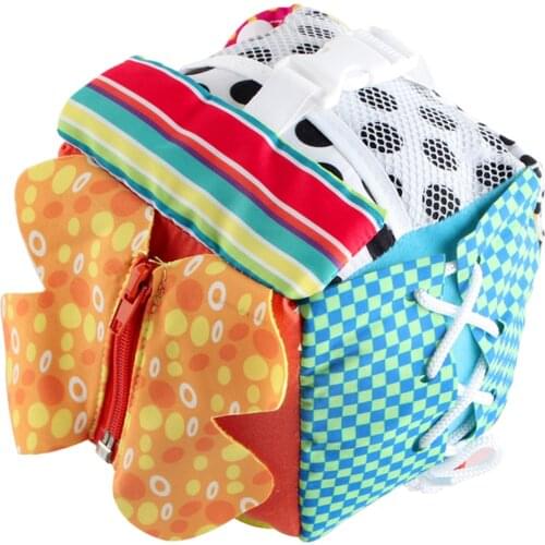 Soft Baby Cloth Cube, Learn to Dress Montessori Basic Life Skills Learning Toy Developmental Zip, Snap, Button, Buckle, Lace,Tie