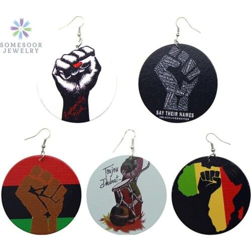 SOMESOOR Mixed Wholesale African Wood Drop Earrings Jewelry Euphonically Black Power Fist AFRO Pendant Dangle As Women Lady Gift