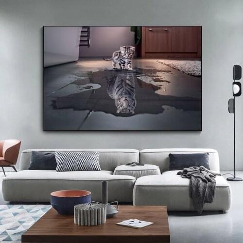 Reflection of A Cat Is Like A Tiger Canvas Painting Cartoon Animals Posters and Prints Wall Art Pictures for Living Room Decor