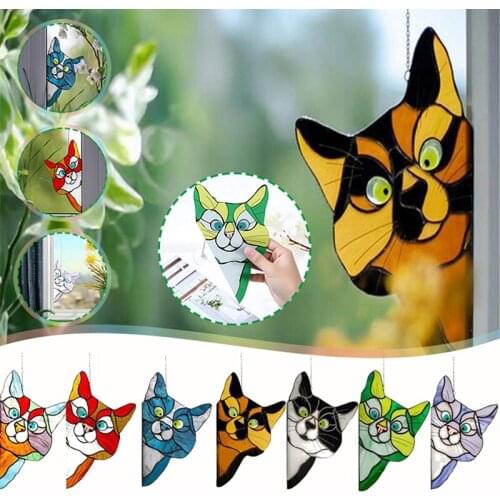 3D Stained Glass Pendant Cute Peeking Cat Window Animal Wall Hanger With Suction Home Decorations Glass Window Decoration