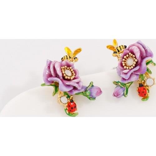 Jaeeyin 2020 Delicate Enamel Rose Flower Gold Color Bee Ladybirds Colorful Enamel Leaves Stud Earrings Clip New Year Gift Girls