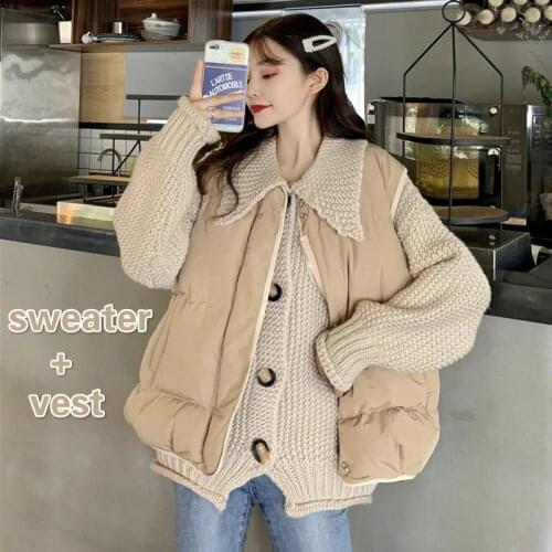 2 Piece Sets Women Autumn Elegant Fashion Korean Sweater and Vest Outfits Chic Single Breasted Outwear All-match Ladies Knitwear