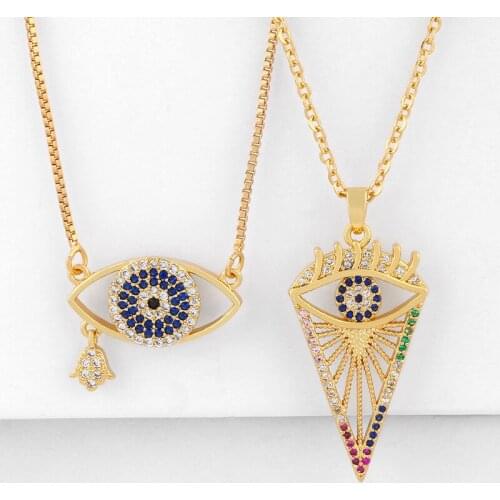 European & American Fashion Micro-inlaid Color Zircon Female Wild Full diamond Hollow Cross Evil Eye Pendant Necklace Jewelry
