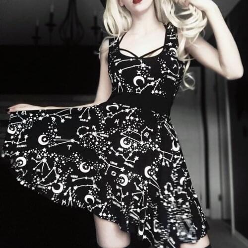 Gothic Women Dress 2021 New Summer Girl Sexy Sleeveless Black Moon Star Print Harajuku Elegant Evening Party Dress Lolita Dress