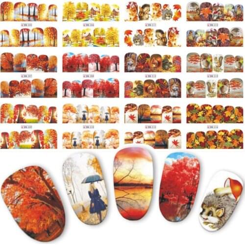 12 Designs/Sheet Beauty Autumn Yellow Trees Water Transfer Nail Art Stickers for Nails Decal DIY Decorations Tips BN505-516