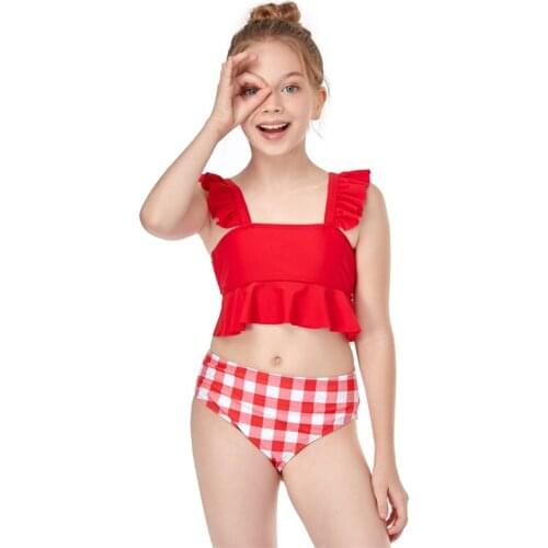 2021 Girl’s 2Pcs Swimwear Set Solid Color Square Neck Ruffled Tank Tops with Checked High Waist Triangle Bottoms Kids Swimwear