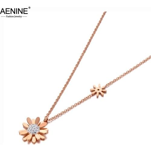 AENINE Titanium Stainless Steel Clay Rhinestone Daisy Flower Charm Pendant Necklaces Trendy Choker Necklace For Women AN20115