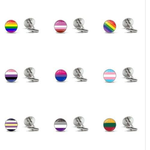 Gay Pride Colorful Rainbow Flag Shirt Cufflinks LGBT Flag for Lesbian Glass Dome Wedding Cufflinks for Men Jewelry Dropship