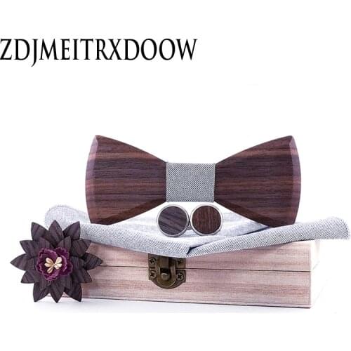 Bow tie Manual Wooden Bow Tie Handkerchief Set Mens Bowtie Grey Color Wood Hollow Carved And Box mens ties Wedding Party