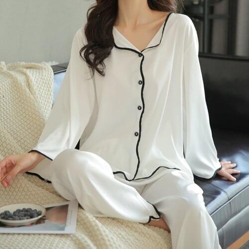 2pcs Pjs Sleep Sets Button-Down Satin Pajamas With Trousers For Women Silky Sleepwear Summer Lingerie Nightwear Lounge Wear