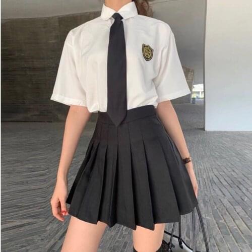 Korea Ulzzang Three piece set Mini Women Skirt A-line High Waist Pleated Skirt School Uniforms Skirt Casual Harajuka Suits & Set
