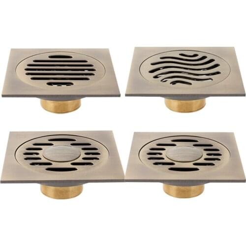 Square 10cm Floor Drains Brass Floor Drain Trap Waste Grate With Hair Strainer Bathroom Shower Accessories Shower Drain