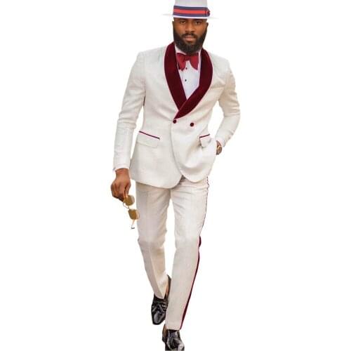 Groomsmen Ivory Pattern Groom Tuxedos Shawl Dark Red Velvet Lapel Men Suits 2 Pieces Wedding ( Jacket + Pants + Tie ) D209