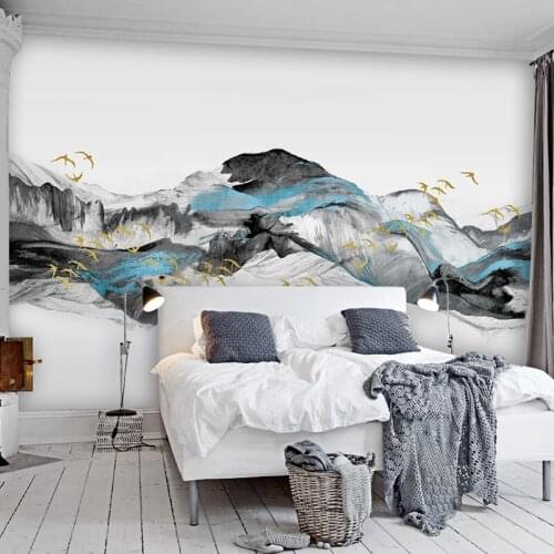 Custom Any Size Mural Wallpaper Chinese Style Abstract Blue Artistic Landscape Birds Fresco Living Room Bedroom Background Mural