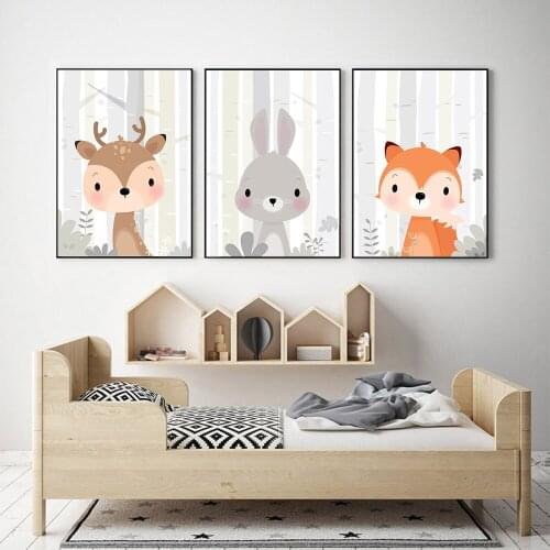 Woodland Animals Print Rabbit Bear Deer Wall Art Canvas Poster Jungle Painting Nursery Prints Wall Pictures Kids Baby Room Decor