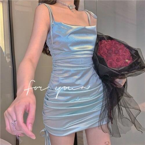 ZSIIBO New Sexy Light blue Satin Party Dress Night Club Women Sleeveless Summer Sundress Solid Bodycon Dress Female Dropshipping