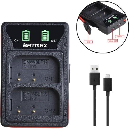 Batmax DMW-BLF19 D-Li90 New LED Dual USB Charger with Type C Port for Panasonic Lumix GH3 GH4 GH5 G9